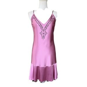 Hartnell Silk Dress Pink Satin Laser Cut Mini Ruffle‎ Hem Black Trim Size S